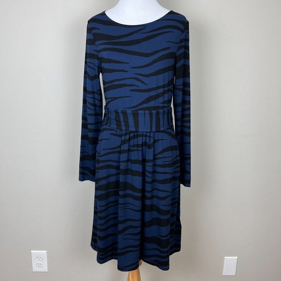 Boden Abigail Dress 6P Navy Blue Zebra Pattern Jersey Stretch Knit Long Sleeve - Picture 1 of 13